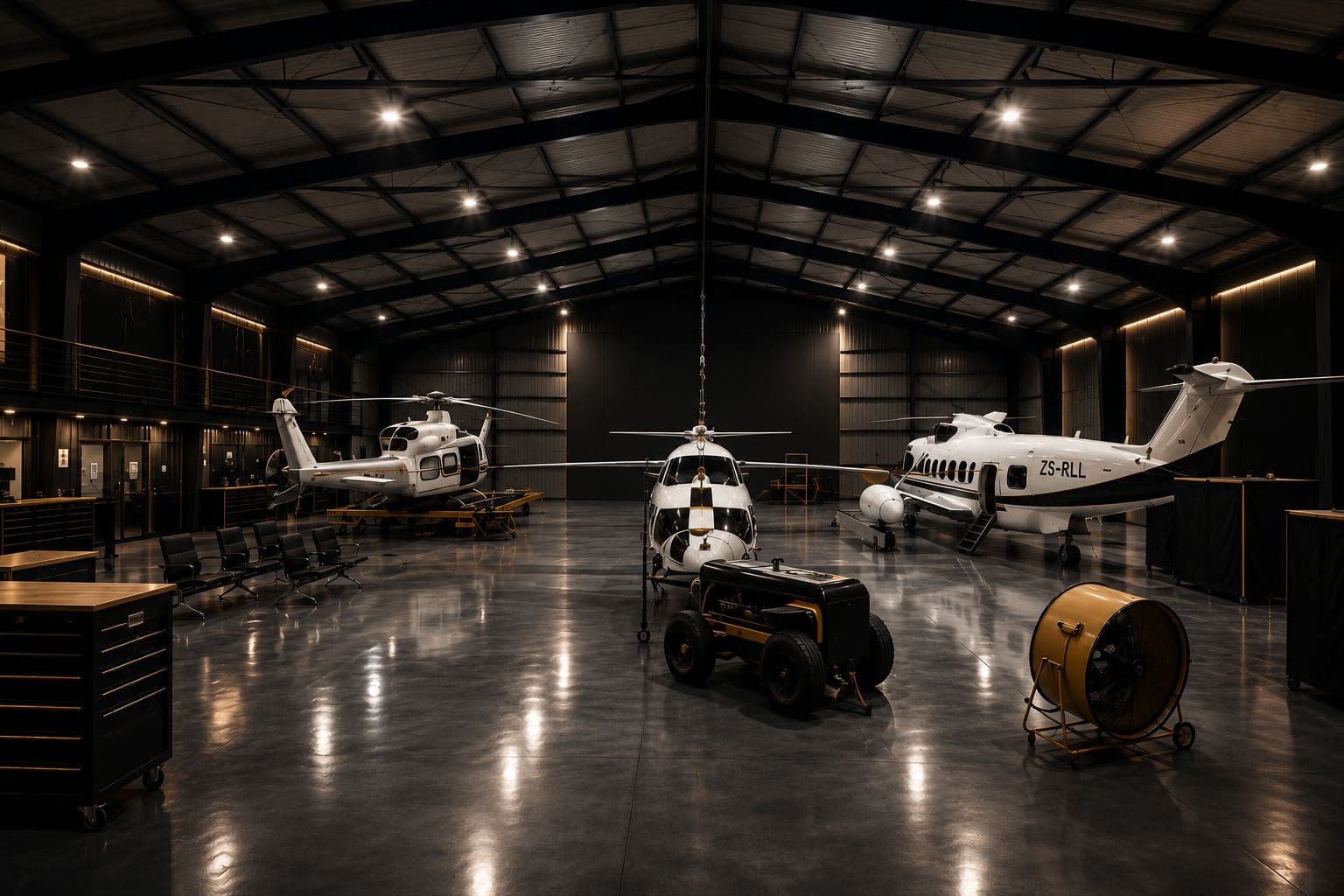 Freshly detailed helicopters and private jet lined up in the hangar